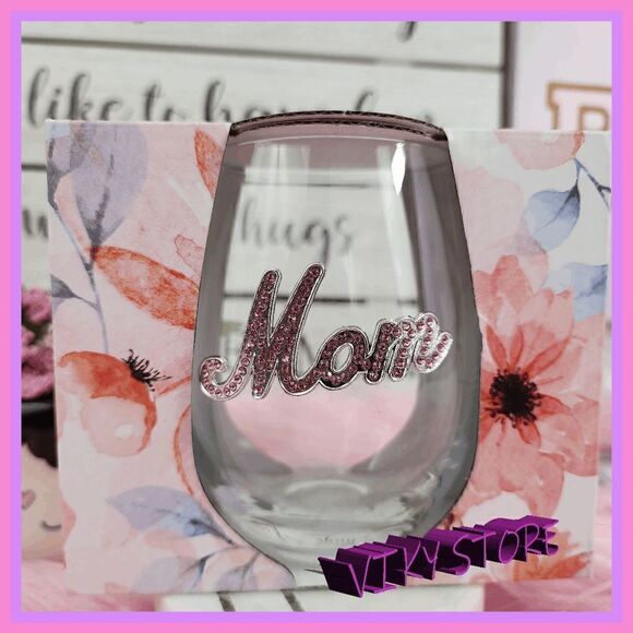 NWT Stemless Wine Glass Monogram "MOM" Bling Logo NWT - Picture 1 of 4